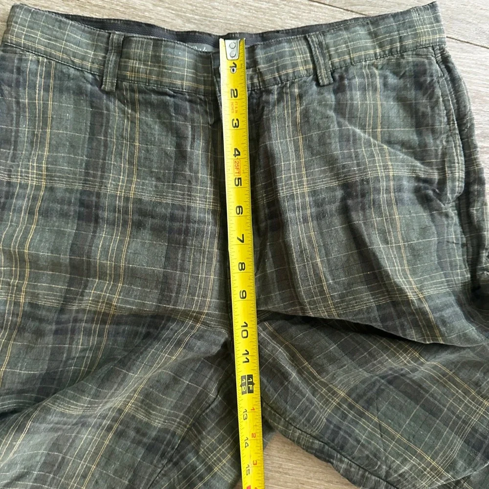 Tommy Bahama Mens 32 Plaid Linen Silk Blend Shorts Dark Green Brown Flat Front